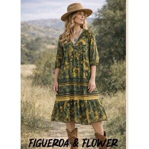 Figueroa & Flower Womens Black Green Yellow Floral Maxi Dress Sz Med Boho Artsy